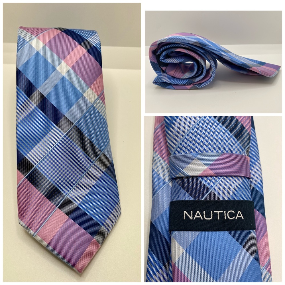 Nautica Plaid Skinny Slim Neck Tie in‎ Blue/Rose